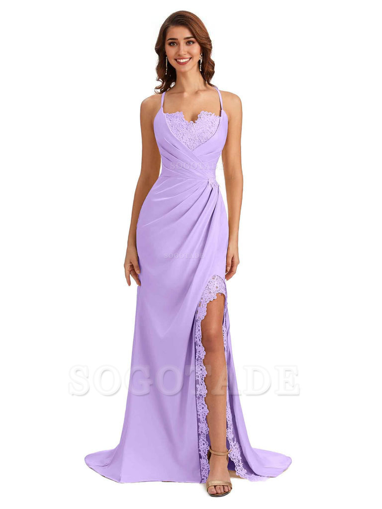 Sexy Side Slit Spaghetti Straps Lace Mermaid Silky Satin Wedding Guest Dresses