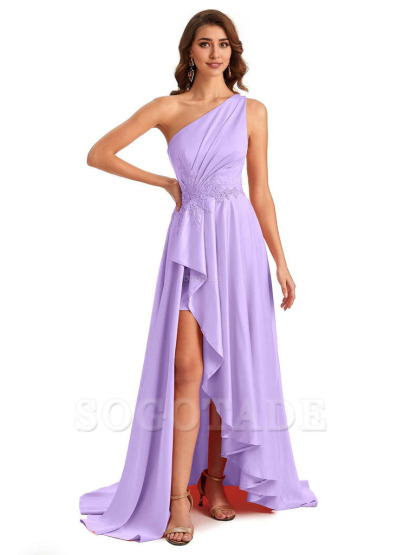 Sexy One Shoulder A-Line High Low Silky Satin Lace Long Formal Wedding Guest Dresses