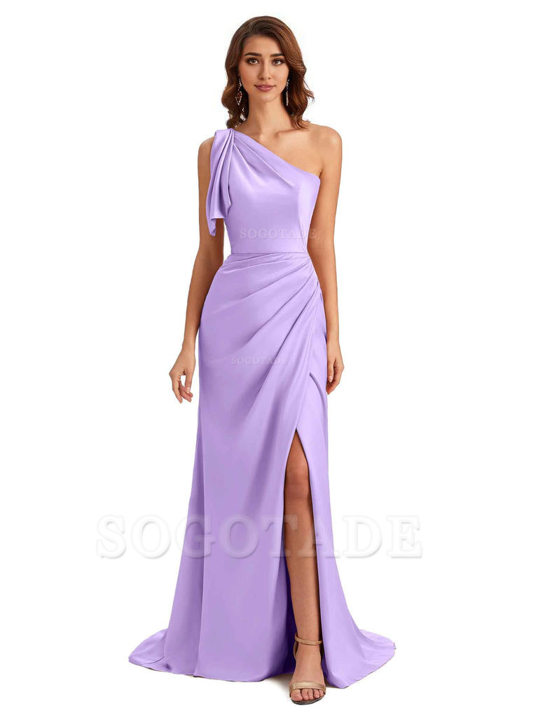 Sexy One Shoulder Mermaid Side Slit Unique Silky Satin Bridesmaid Dresses 