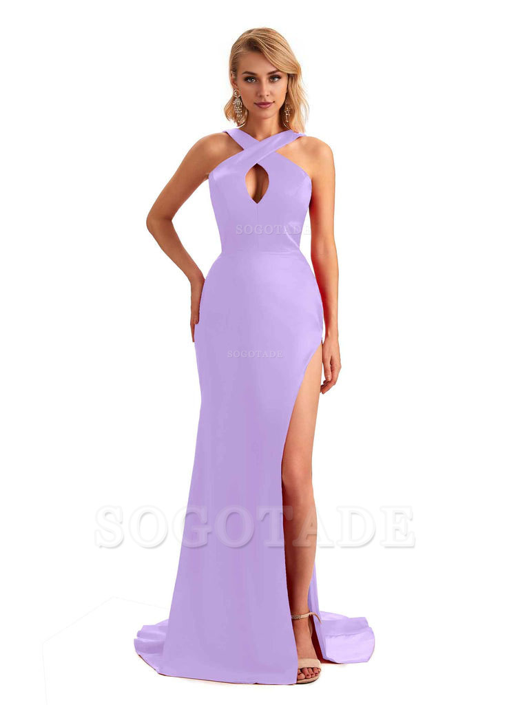 Sexy Side Slit Halter Mermaid Silky Satin Unique Long Formal Wedding Bridesmaid Dresses