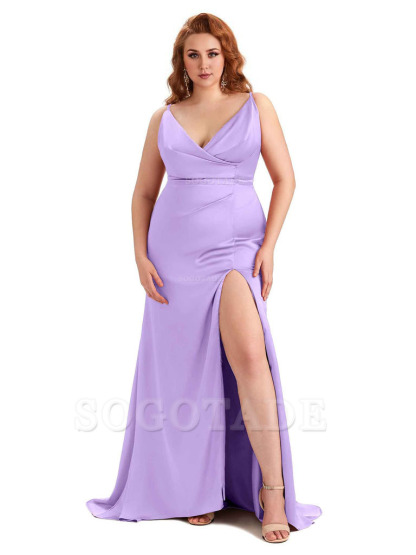 Sexy Side Slit Spaghetti Straps Mermaid Soft Satin Fashion Bridesmaid Dresses