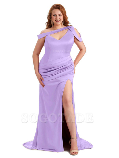 Sexy V-Neck Side Slit Unique Mermaid Soft Satin Long Plus Size Bridesmaid Dress For Wedding