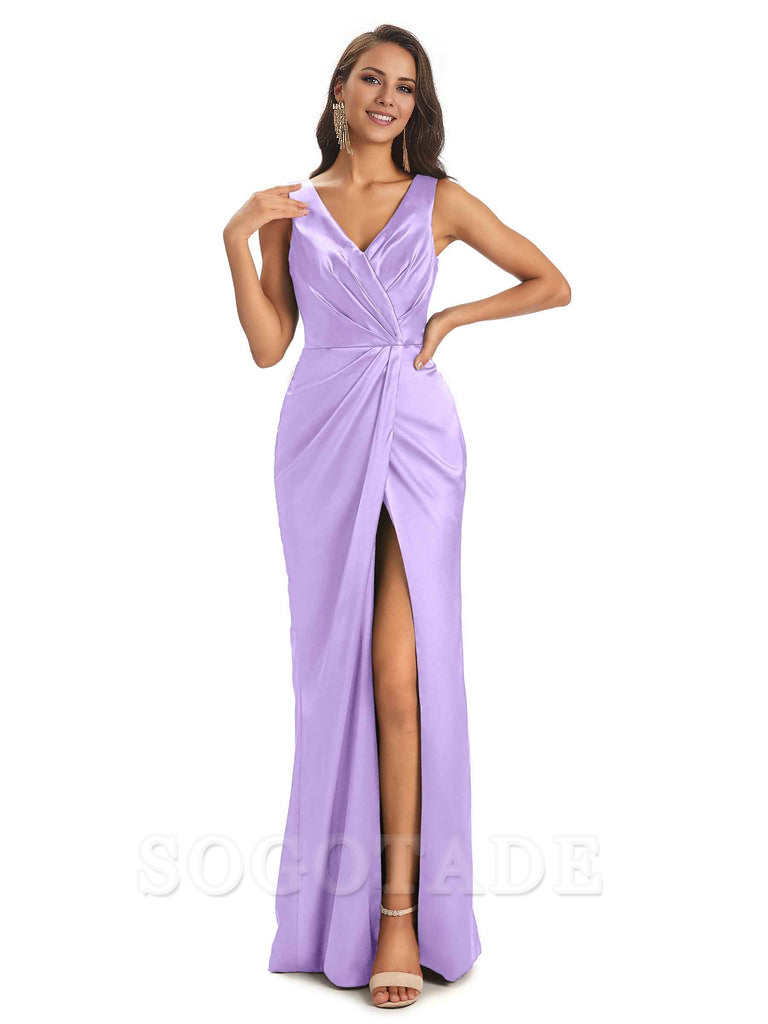 V-Neck Unique Long Satin Bridesmaid Dresses with Front Slit