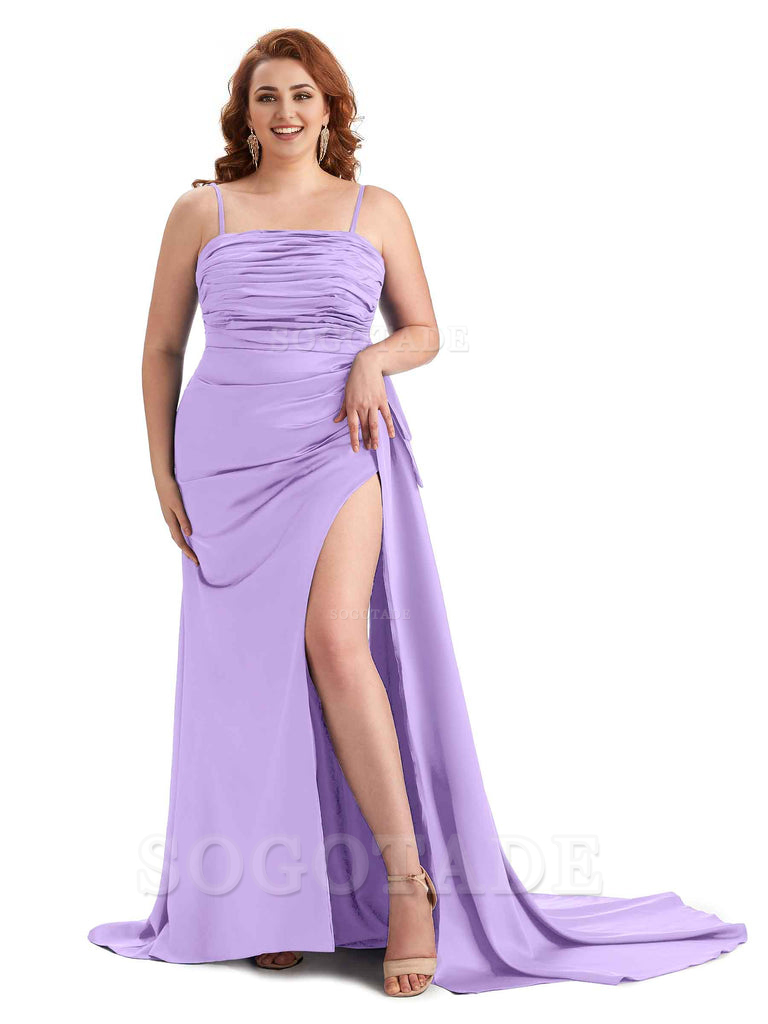 Sexy Side Slit Spaghetti Straps Mermaid Soft Satin Long Plus Size Bridesmaid Dresses Online