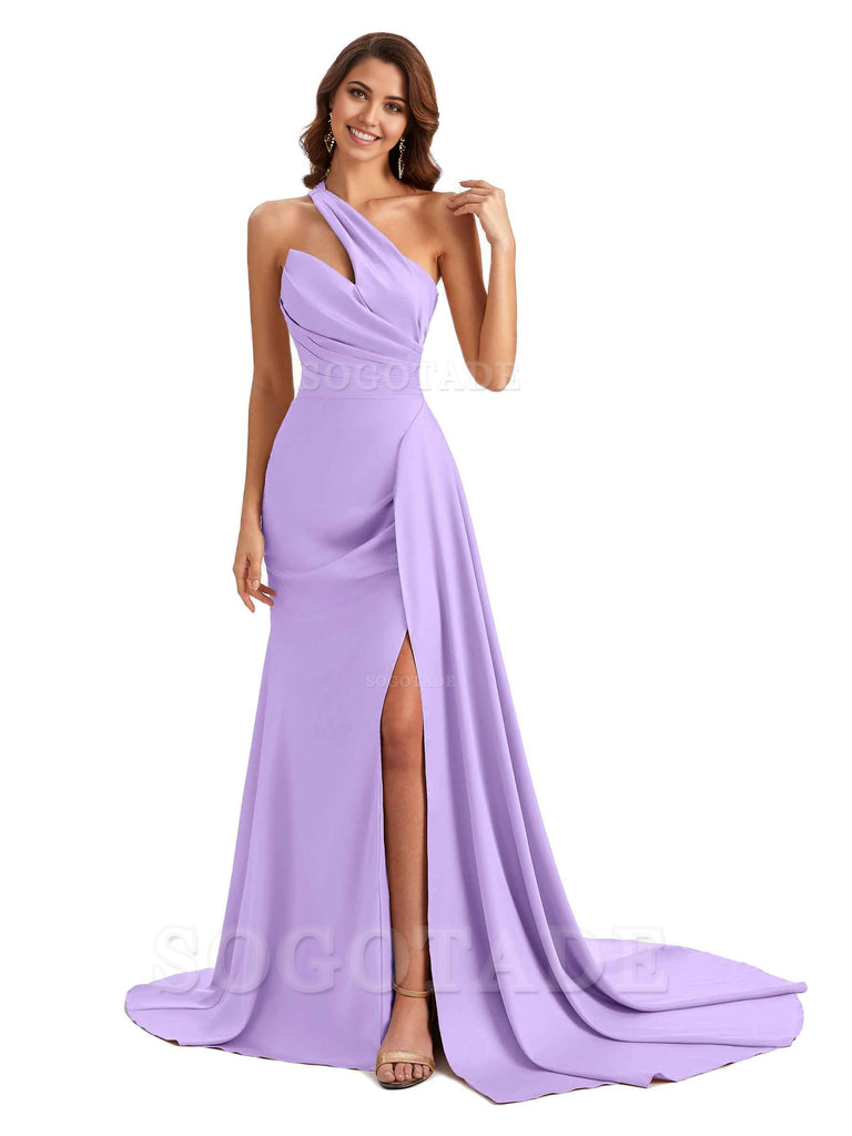 Mermaid One shoulder Satin formal dresses evening gown Bridesmaid Dresses With Side Slit 