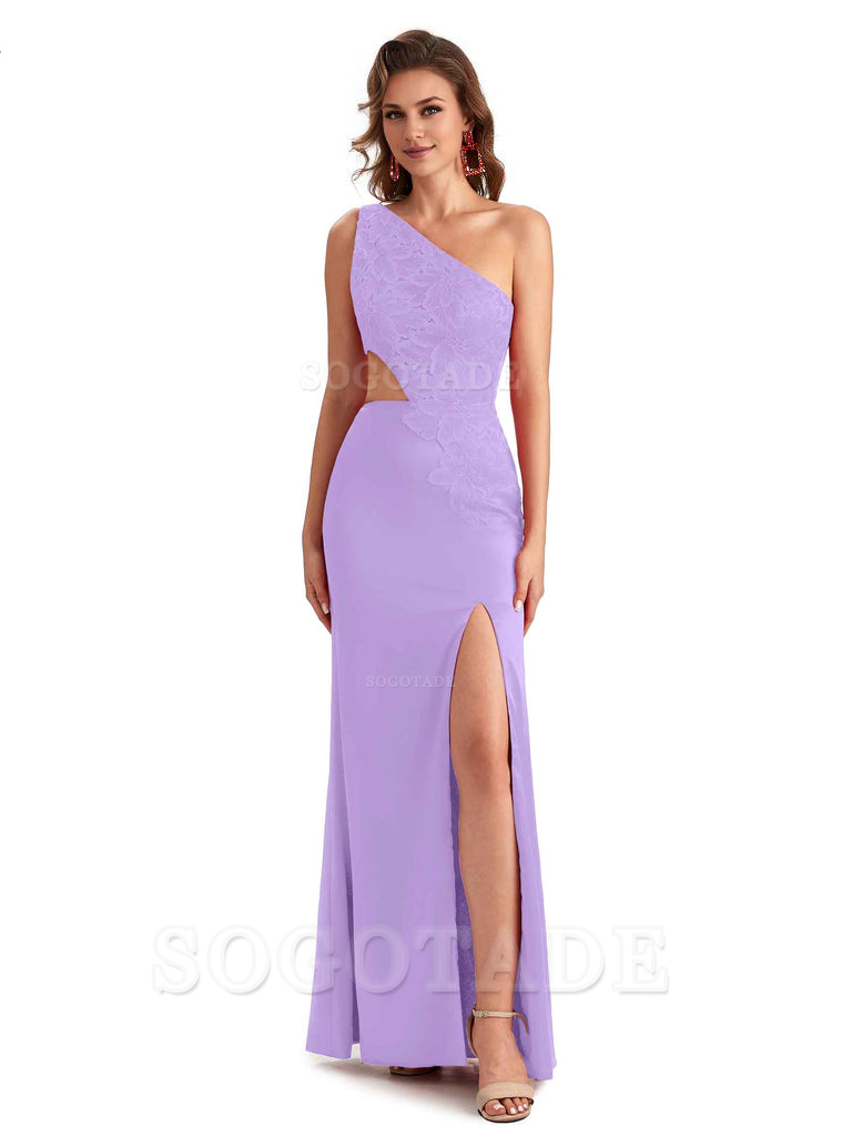 Sexy Side Slit Mermaid Lace Silky Satin One Shoulder Chic Long Bridesmaid Dresses