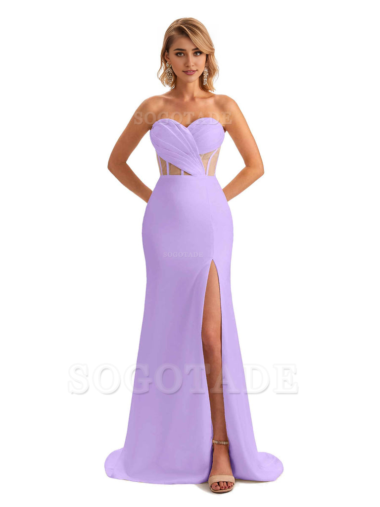 Sexy Sweetheart Strapless Side Slit Mermaid Soft Satin Unique Long Bridesmaid Dress For Wedding