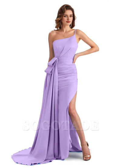 Sexy Side Slit Mermaid Silky Satin One Shoulder Modern Maxi Bridesmaid Dresses