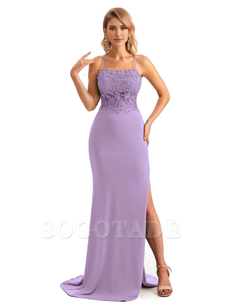 Sexy Side Slit Spaghetti Straps Open Back Mermaid Lace Applique Long Formal Bridesmaid Dresses