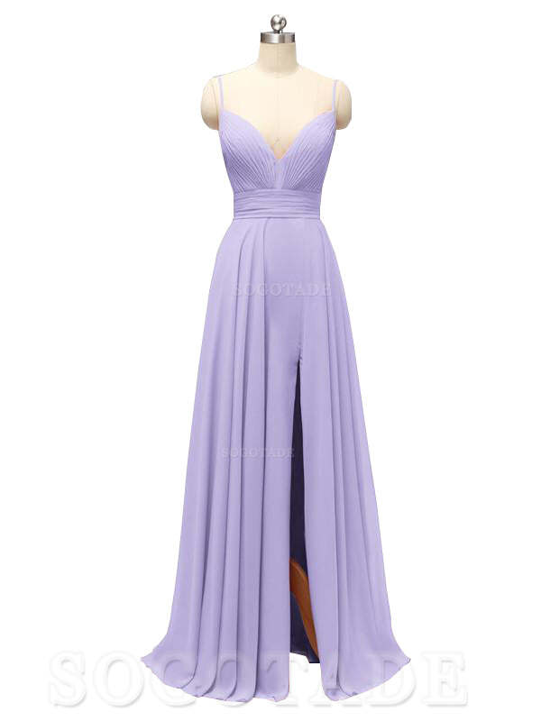 Honest Chiffon Spaghetti Straps Slit Long Bridesmaid Dresses prom shop dresses
