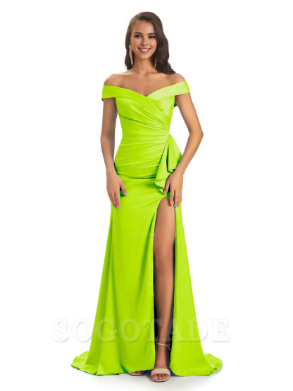 Sexy Soft Satin Side Slit Off The Shoulder Maxi Long Mermaid Bridesmaid Dresses prom shop dresses