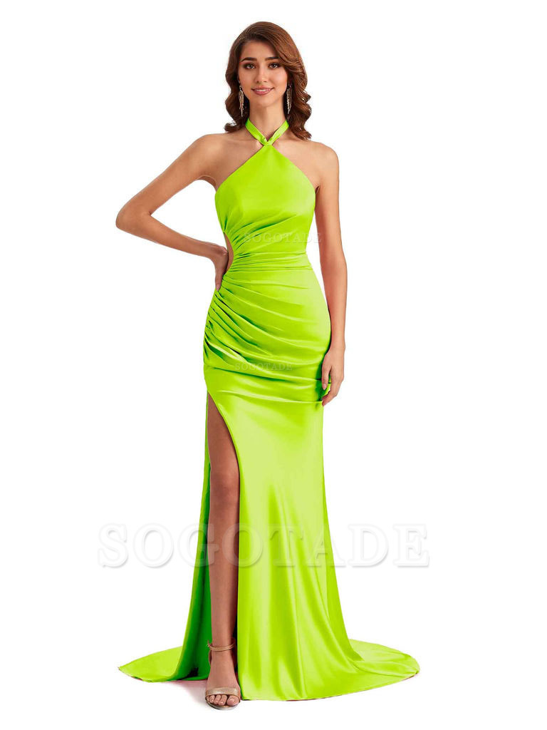 Sexy Halter Mermaid Silky Satin Unique Long Formal Wedding Guest Dresses