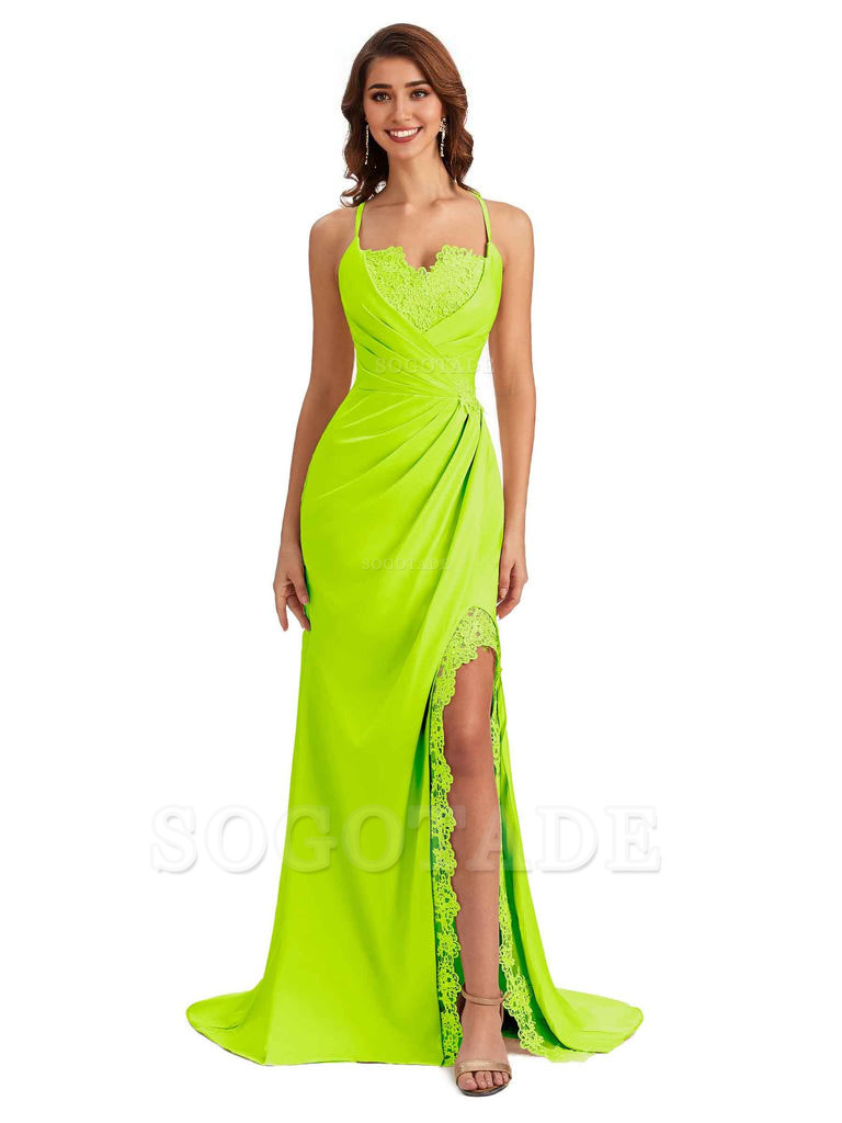 Sexy Side Slit Spaghetti Straps Lace Mermaid Silky Satin Wedding Guest Dresses