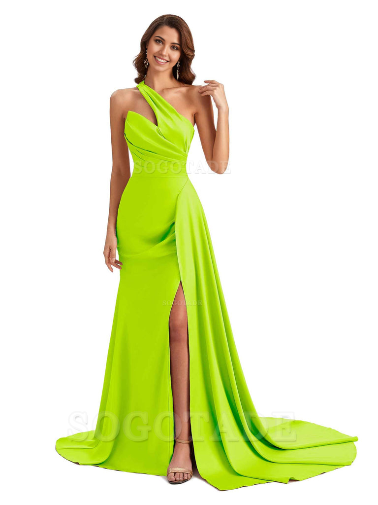 Mermaid One shoulder Satin formal dresses evening gown Bridesmaid Dresses With Side Slit 