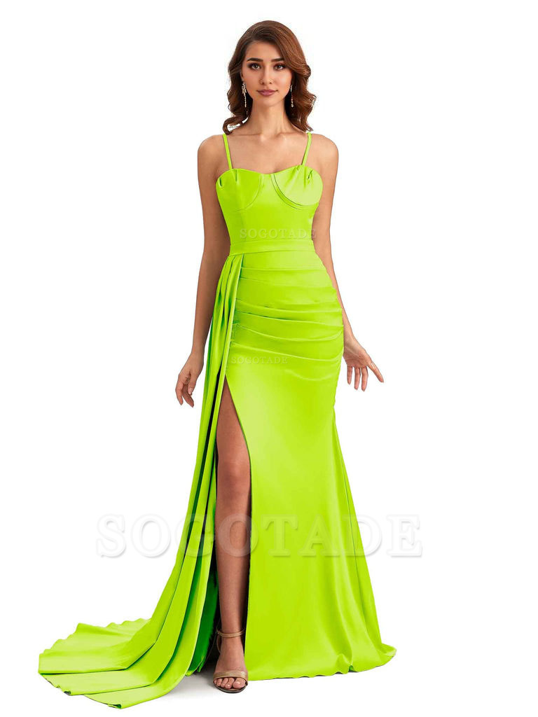 Sexy Spaghetti Straps Side Slit Mermaid Unique Long Bridesmaid Dresses In Satin
