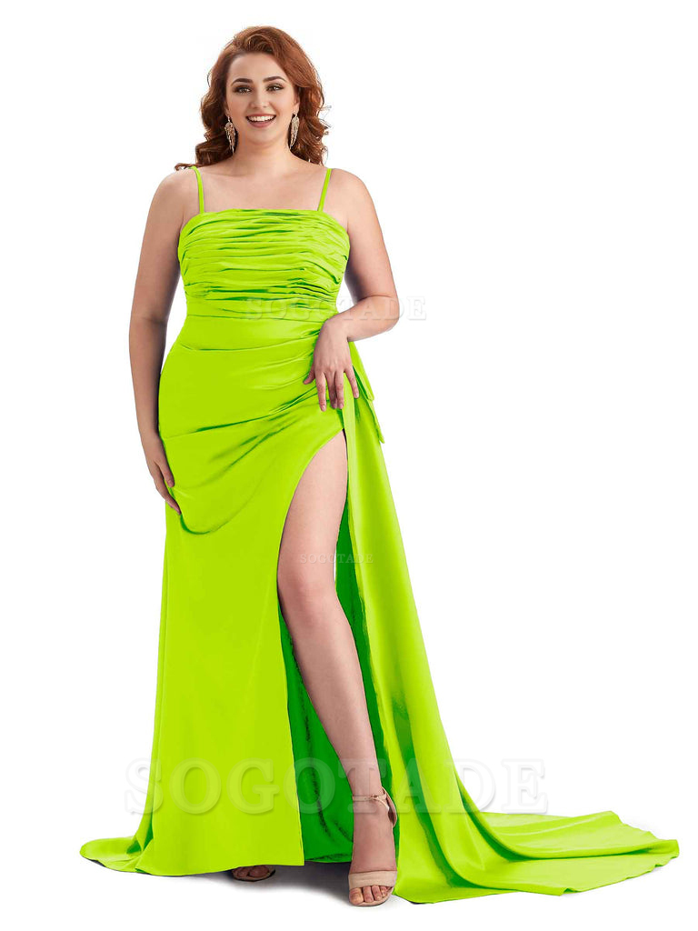 Sexy Side Slit Spaghetti Straps Mermaid Soft Satin Long Plus Size Bridesmaid Dresses Online