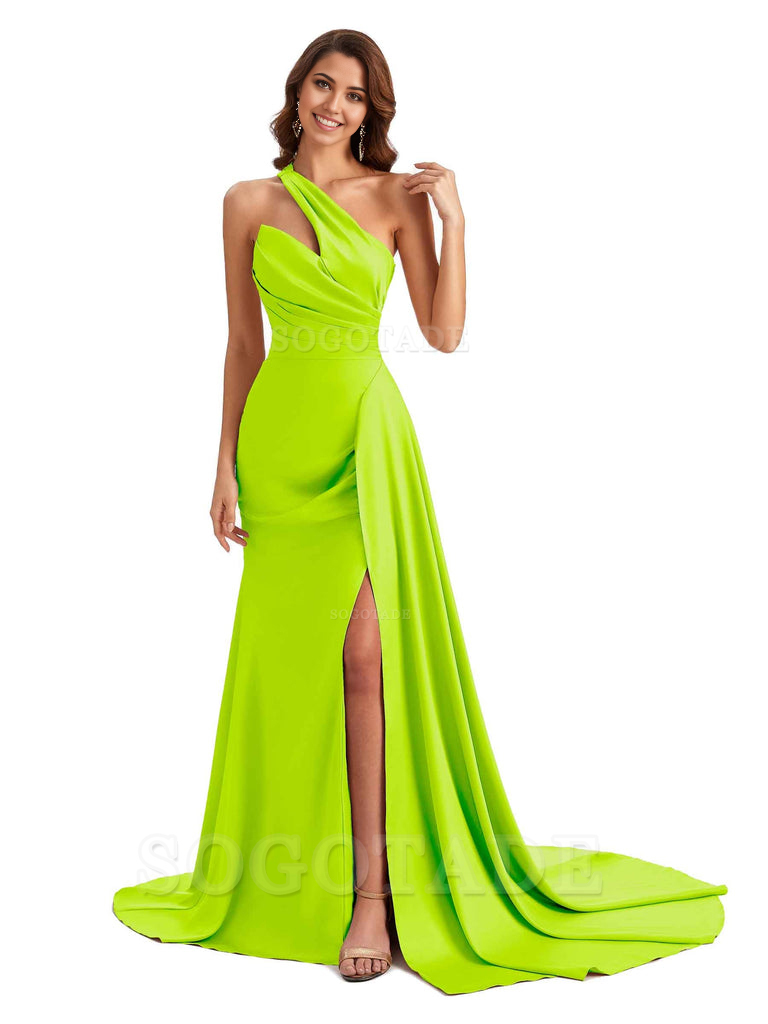 Mermaid One shoulder Satin formal dresses evening gown Bridesmaid Dresses With Side Slit 