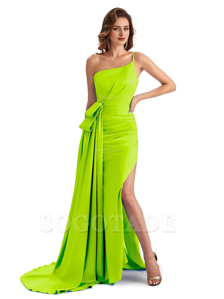 Sexy Side Slit Mermaid Silky Satin One Shoulder Modern Maxi Bridesmaid Dresses