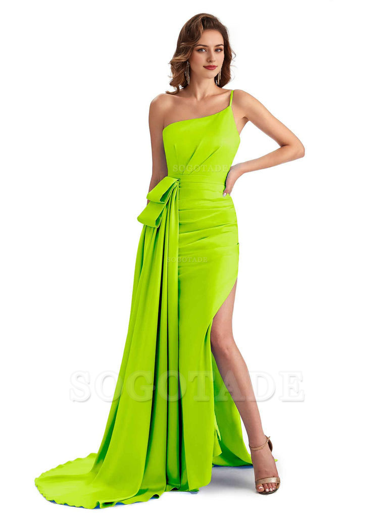 Sexy Side Slit Mermaid Silky Satin One Shoulder Modern Maxi Bridesmaid Dresses
