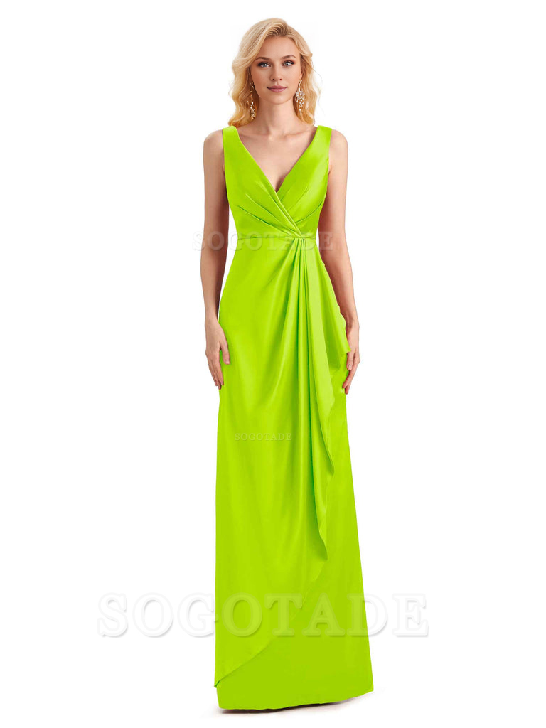 V Neck Elegant Soft Satin Formal Long Maid Bridesmaid Dresses Formal Wear Dresses