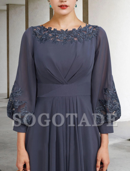 A-Line Mother of the Bride Dress Plus Size Elegant High Low Jewel Neck Asymmetrical Floor Length Chiffon Lace Half Sleeve with Pleats Appliques Side-Draped-SOGOTADE