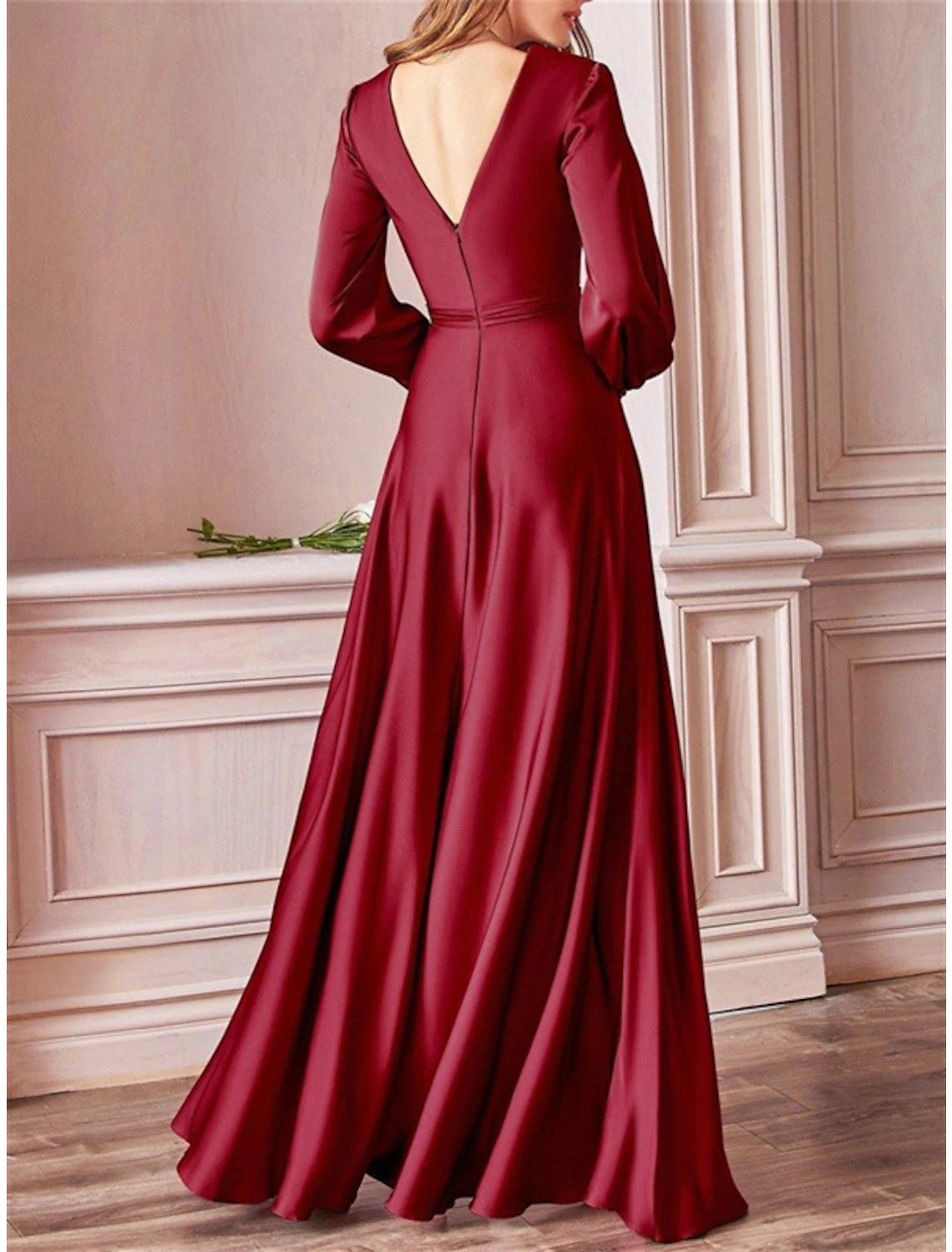 A-Line Bridesmaid Dress V Neck Long Sleeve Blue Floor Length Chiffon with Split Front / Ruching-SOGOTADE