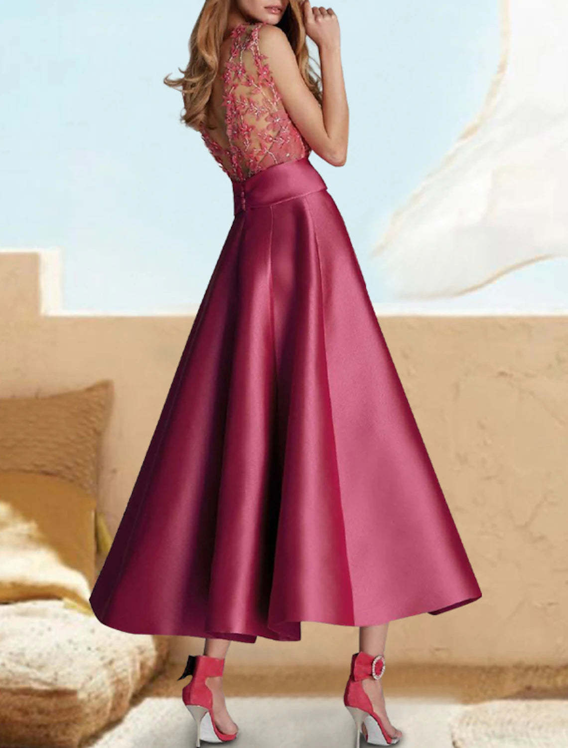 A-Line Cocktail Dresses Floral Dress Formal Wedding Guest Tea Length Sleeveless Jewel Neck Fall Wedding Guest Satin with Sash / Ribbon Appliques 2024-SOGOTADE