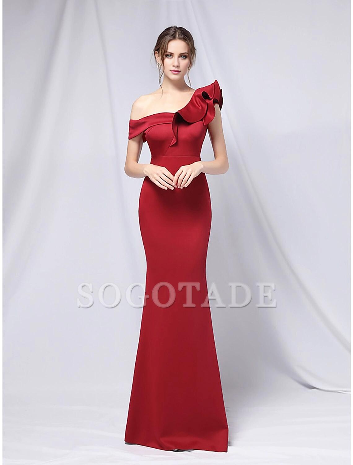 Mermaid Party Dress Evening Gown Empire Dress Wedding Guest Formal Evening Floor Length Short Sleeve One Shoulder Stretch Satin with Ruffles