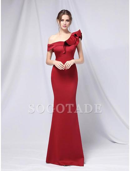 Mermaid Party Dress Evening Gown Empire Dress Wedding Guest Formal Evening Floor Length Short Sleeve One Shoulder Stretch Satin with Ruffles