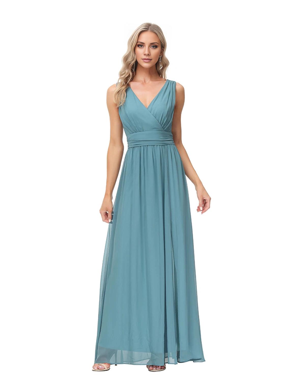 A-Line Evening Gown Elegant Dress Wedding Guest Party Wear Floor Length Sleeveless V Neck Bridesmaid Dress Chiffon V Back with Slit-SOGOTADE