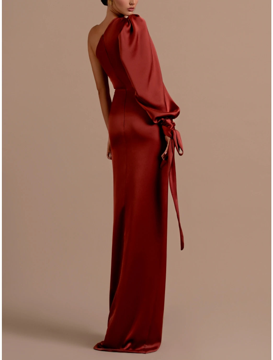 A-Line Evening Gown Elegant Dress Formal Sweep / Brush Christmas Red Green Dress Train Long Sleeve One Shoulder Satin with Feather Ruched Strappy 2024-SOGOTADE