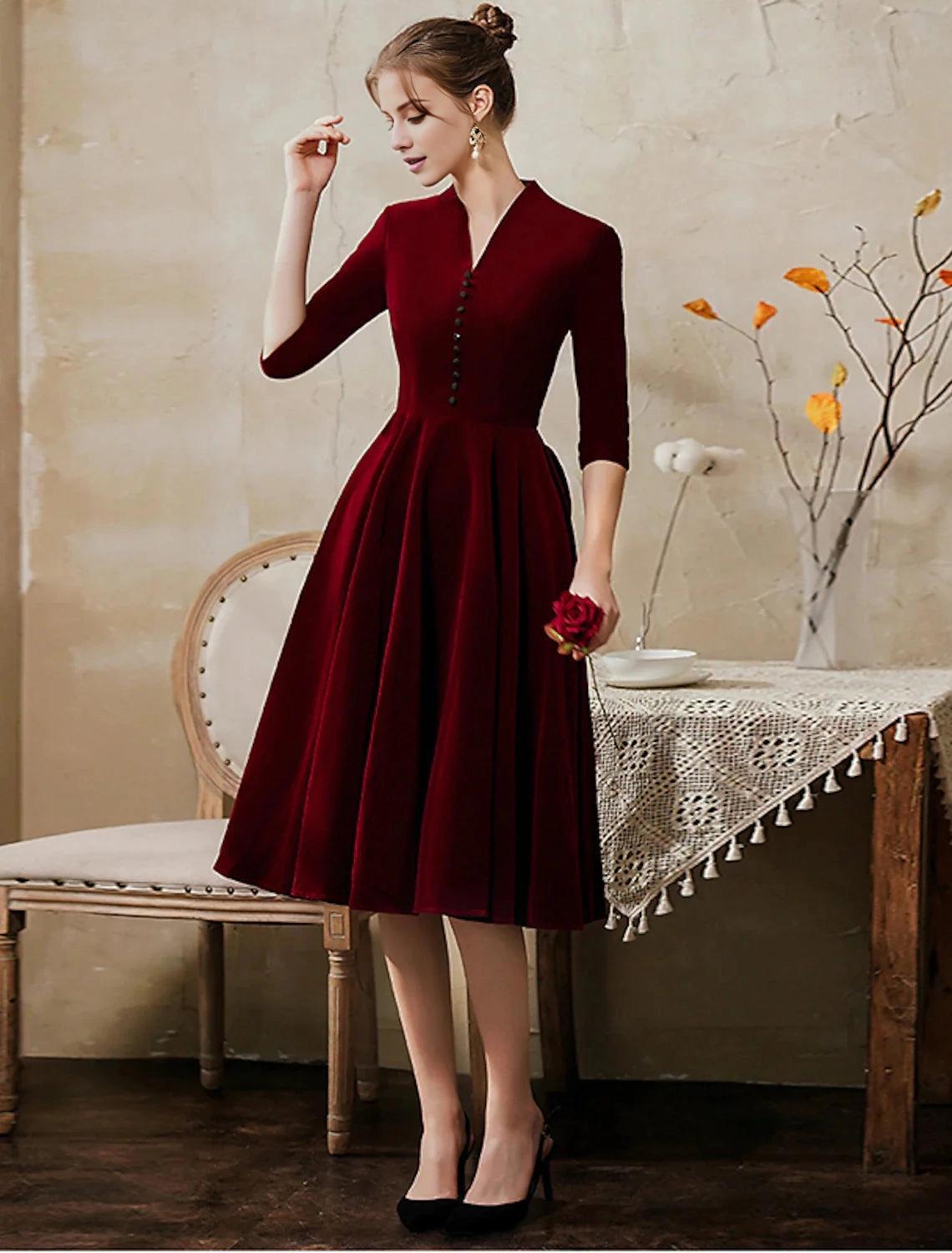 A-Line Minimalist Vintage Party Wear Cocktail Party Dress V Neck Half Sleeve Tea Length Velvet with Sleek-SOGOTADE