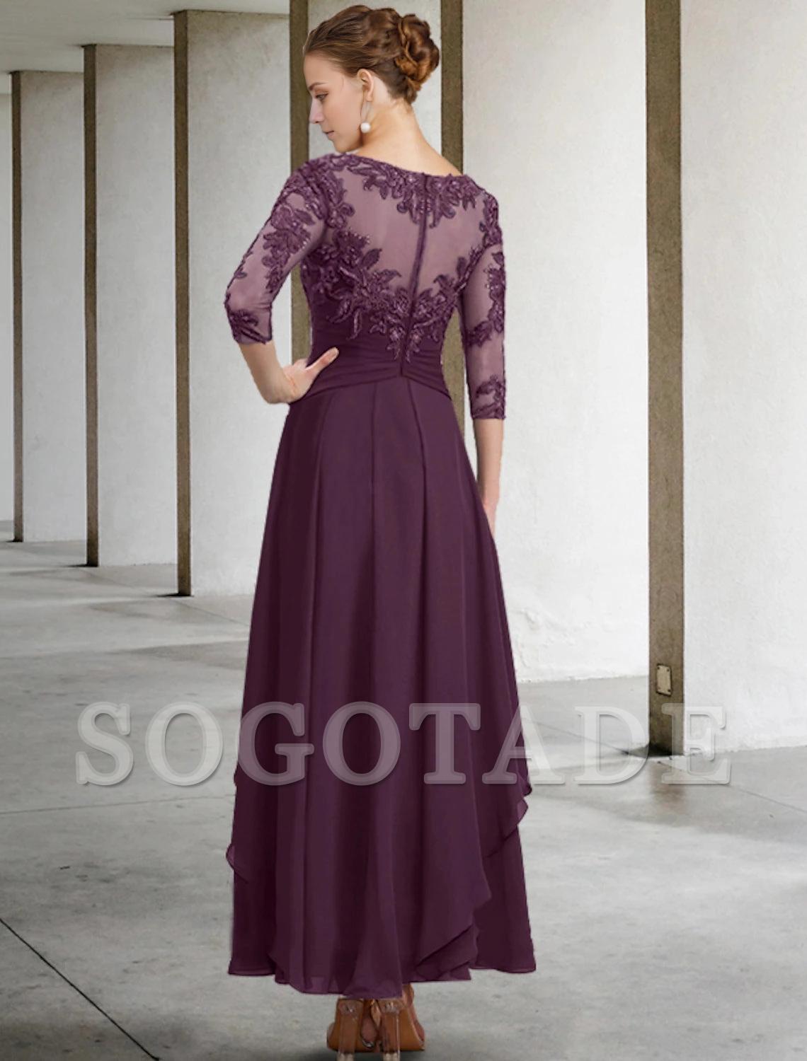 A-Line Mother of the Bride Dress Appliques Fall Wedding Guest Plus Size Elegant Scoop Neck Ankle Length Chiffon Lace Sequin 3/4 Length Sleeve with Ruched-SOGOTADE