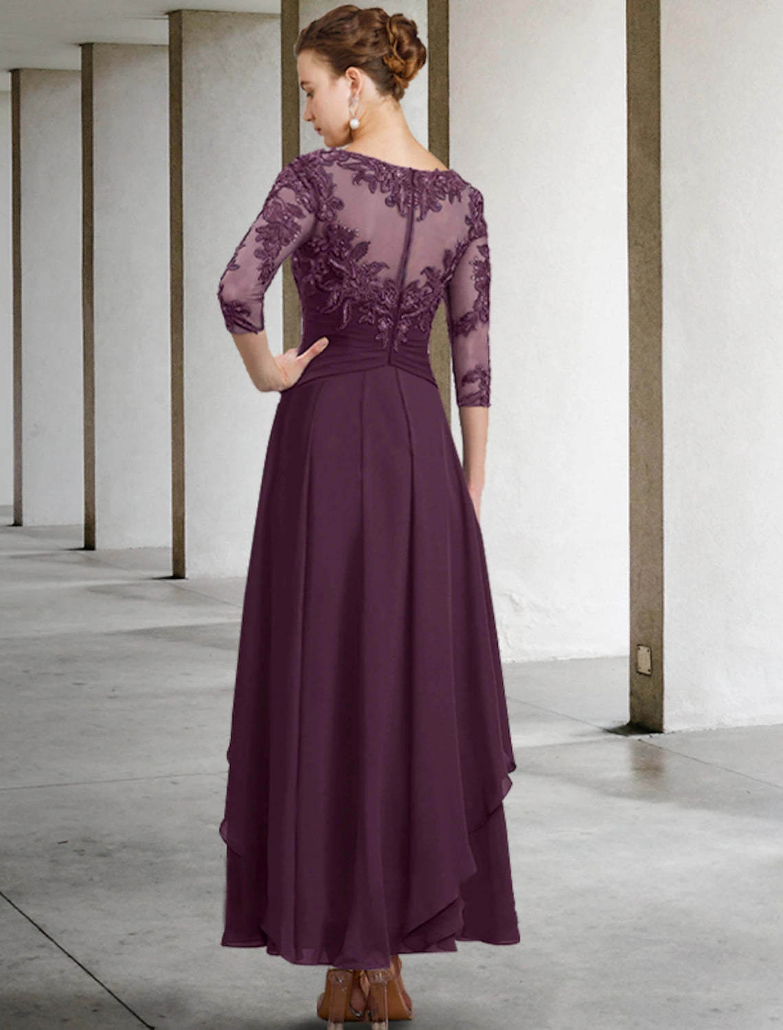 A-Line Mother of the Bride Dress Wedding Guest Elegant Plus Size Jewel Neck Ankle Length Chiffon Lace 3/4 Length Sleeve with Ruched Sequin Appliques-SOGOTADE