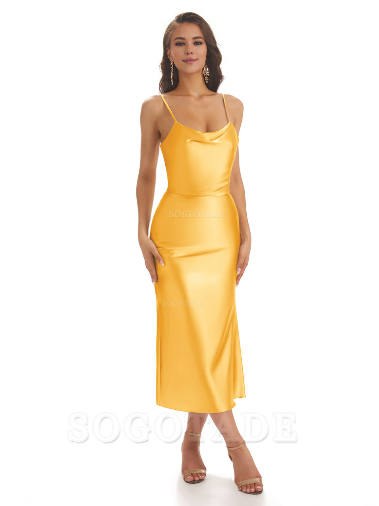 Sexy Soft Satin Spaghetti Strap Tea-Length Midi Short Bridesmaid Dresses prom shop dresses