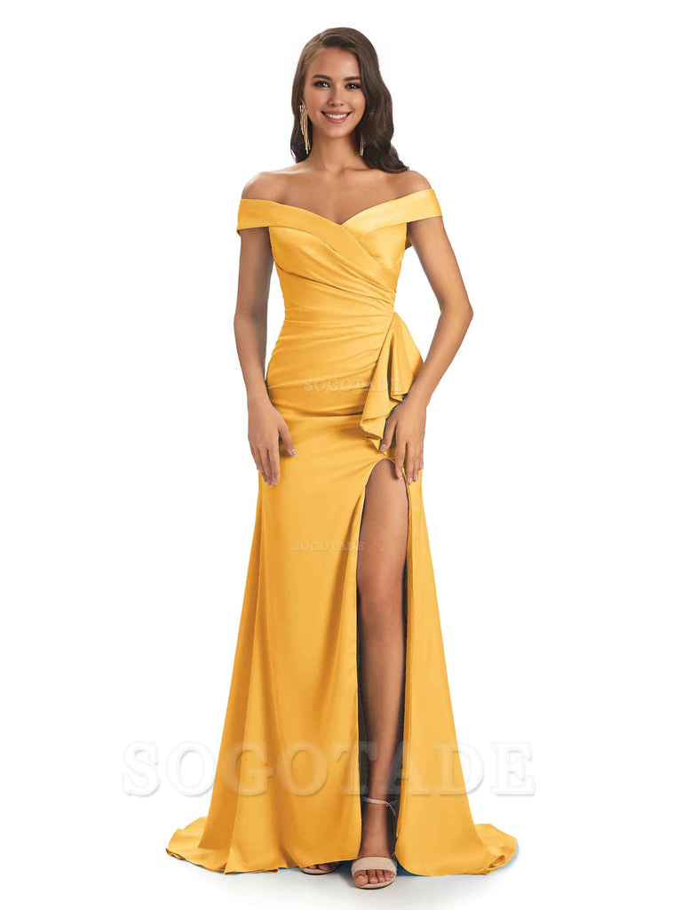 Sexy Soft Satin Side Slit Off The Shoulder Maxi Long Mermaid Bridesmaid Dresses prom shop dresses