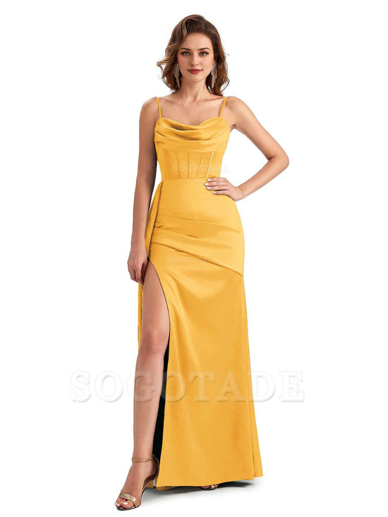 Sexy Side Slit Mermaid Silky Satin Spaghetti Straps Unique Wedding Guest Dresses