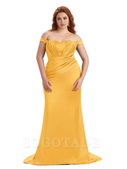 Sexy Mermaid Off The Shoulder Sweetheart Soft Satin Floor Length Long Plus Size Maid of Honor Dresses