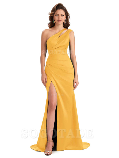 Mermaid One Shoulder Satin Sexy formal dresses evening gown Bridesmaid Dresses With Side Slit 