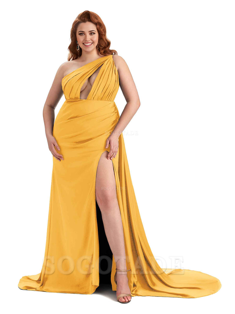 One Shoulder Sleeveless Sexy Side Slit Mermaid Soft Satin Long Plus Size Bridesmaid Dresses Online