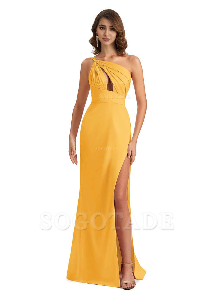 Sexy One Shoulder Silky Satin Unique Long Ladies Bridesmaid Dress For Wedding