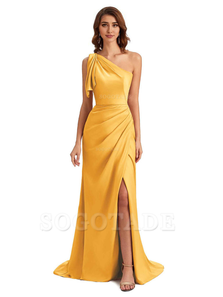 Sexy One Shoulder Mermaid Side Slit Unique Silky Satin Bridesmaid Dresses 