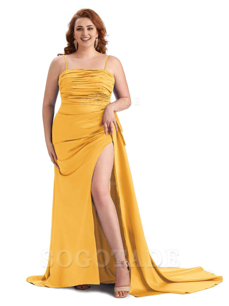 Sexy Side Slit Spaghetti Straps Mermaid Soft Satin Long Plus Size Bridesmaid Dresses Online