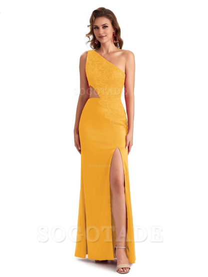 Sexy Side Slit Mermaid Lace Silky Satin One Shoulder Chic Long Bridesmaid Dresses