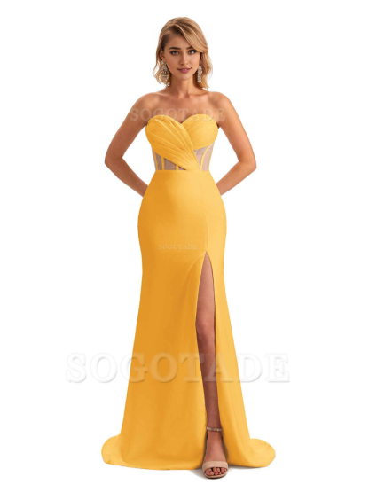 Sexy Sweetheart Strapless Side Slit Mermaid Soft Satin Unique Long Bridesmaid Dress For Wedding