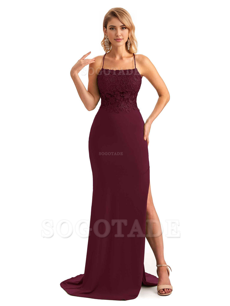 Sexy Side Slit Spaghetti Straps Open Back Mermaid Lace Applique Long Formal Bridesmaid Dresses