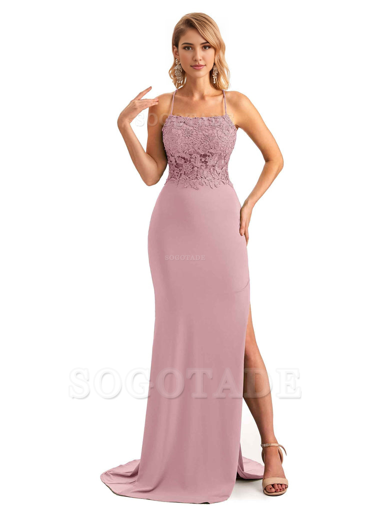 Sexy Side Slit Spaghetti Straps Open Back Mermaid Lace Applique Long Formal Bridesmaid Dresses