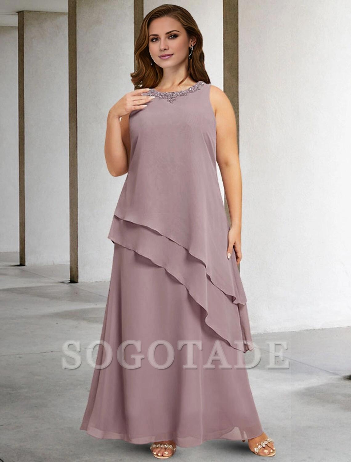 Two Piece A-Line Mother of the Bride Dresses Plus Size Hide Belly Curve Elegant Dress Formal Floor Length Sleeveless Jewel Neck Chiffon with Sequin Ruffles Appliques