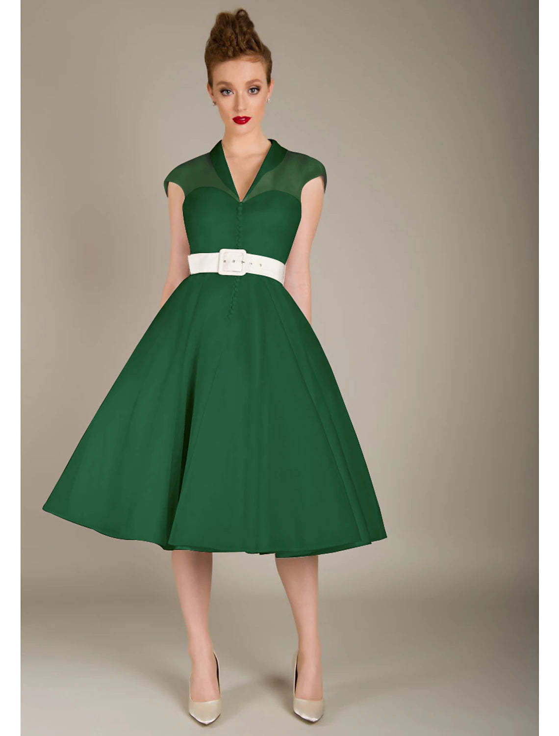 A-Line Cocktail Dresses 1950s Dress Graduation Cocktail Party Knee Length Sleeveless V Neck Wednesday Addams Family Tulle with Sash / Ribbon-SOGOTADE