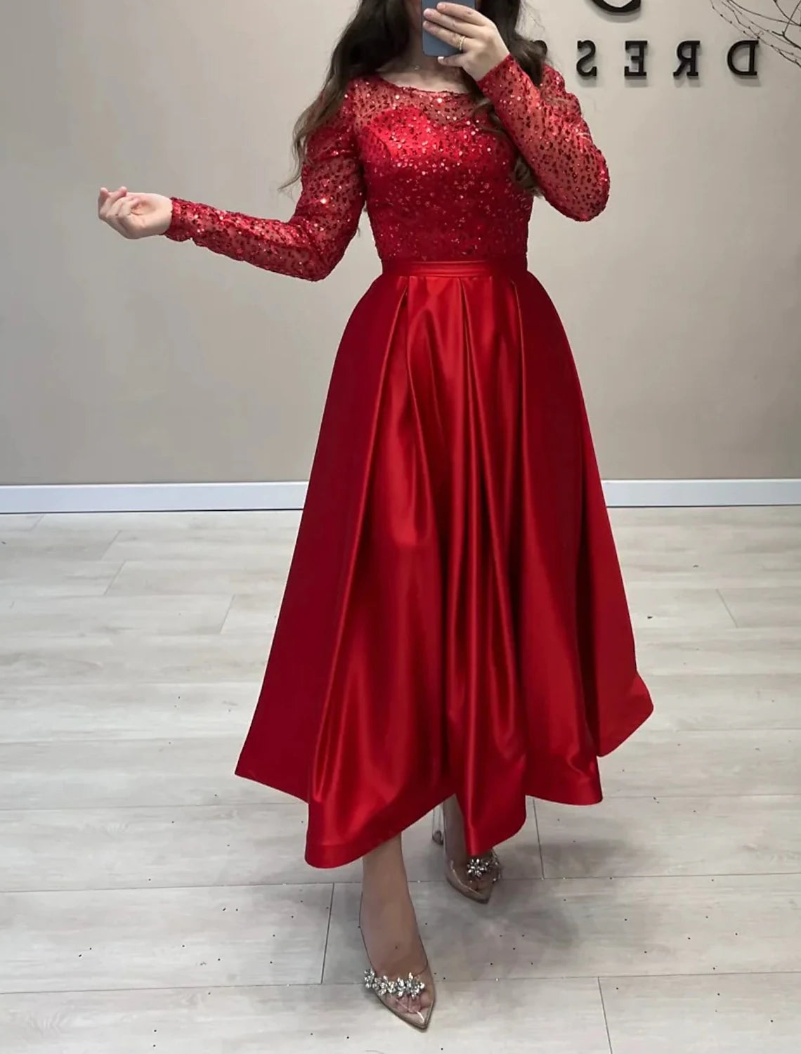 A-Line Evening Gown Sparkle Dress Formal Wedding Ankle Length Long Sleeve Jewel Neck Fall Wedding Guest Satin with Pearls Sequin-SOGOTADE